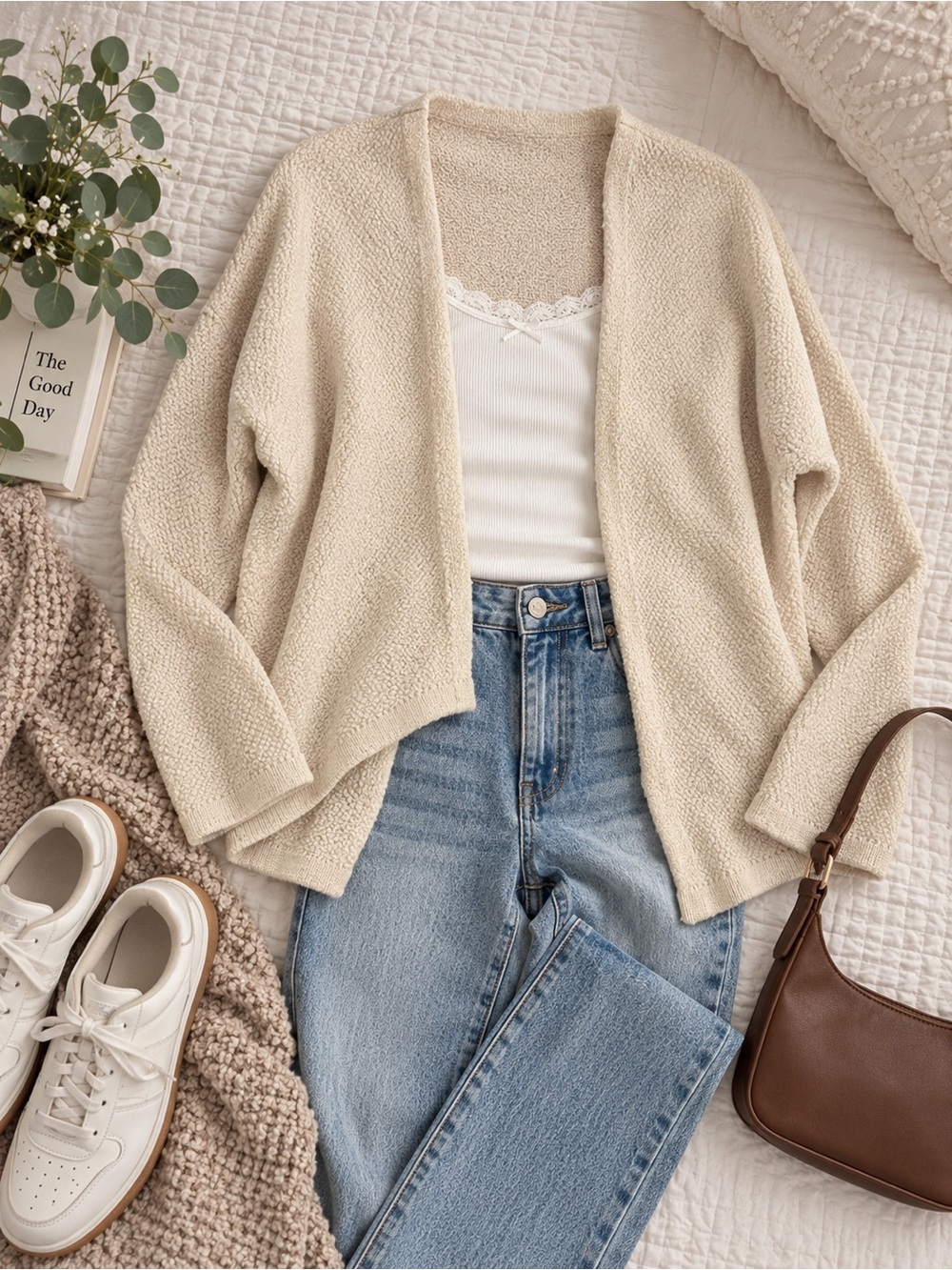 Brandy Melville Cream Open Front Textured Knit Cardigan Sweater Size S